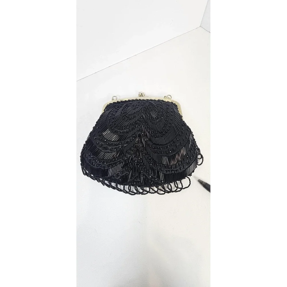 Vintage‎ Fine Arts Bag Black Beaded Evening Purse Gold Frame Chain Strap